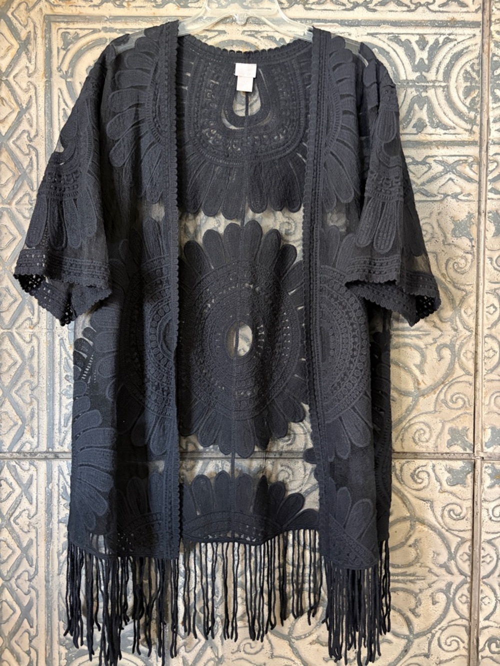 Chico's Black Sheer Crochet Fringe Kimono (S/M)